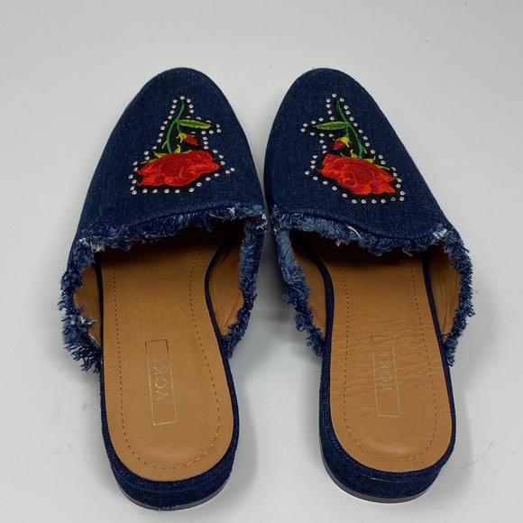 Yoki Womens Mules Dark Blue Denim Red Rose Appliqué Silver Studs Willas Shoes - Picture 4 of 6